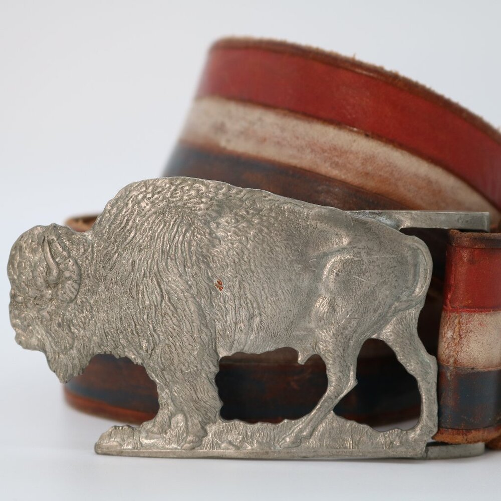 Vintage 1973 Synek Buffalo Belt Buckle, Handcrafted Red White Blue Leather Belt